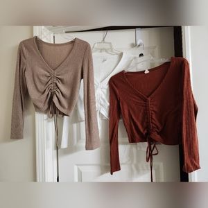 Rust,White & Tan long sleeved tops w/drawstring tie @hem to shorten as desired.